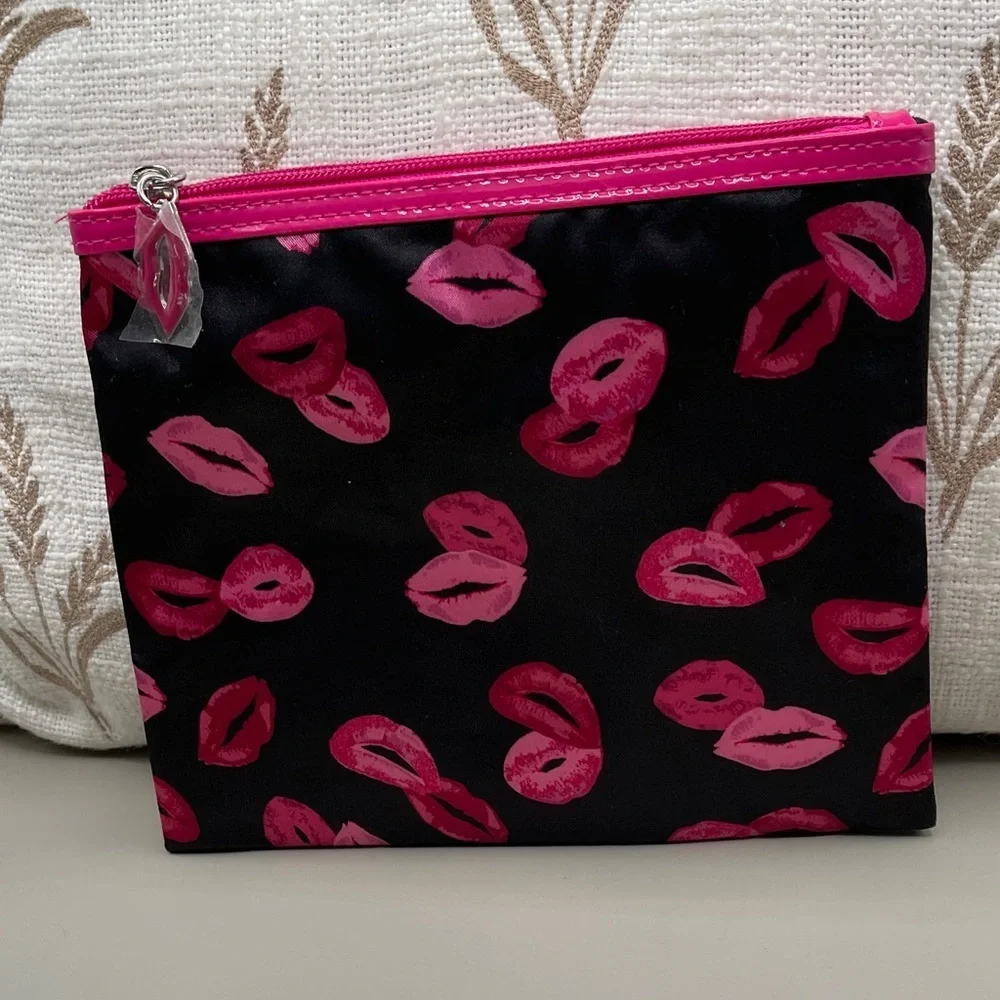 Modella Pink and Black Lip Print Pouch Fun Colorful Easy Nylon Pouch Modella